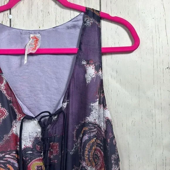 Free People Boho Paisley Print Mini Dress Lace Up Sleeveless Festival Indie - Picture 4 of 16